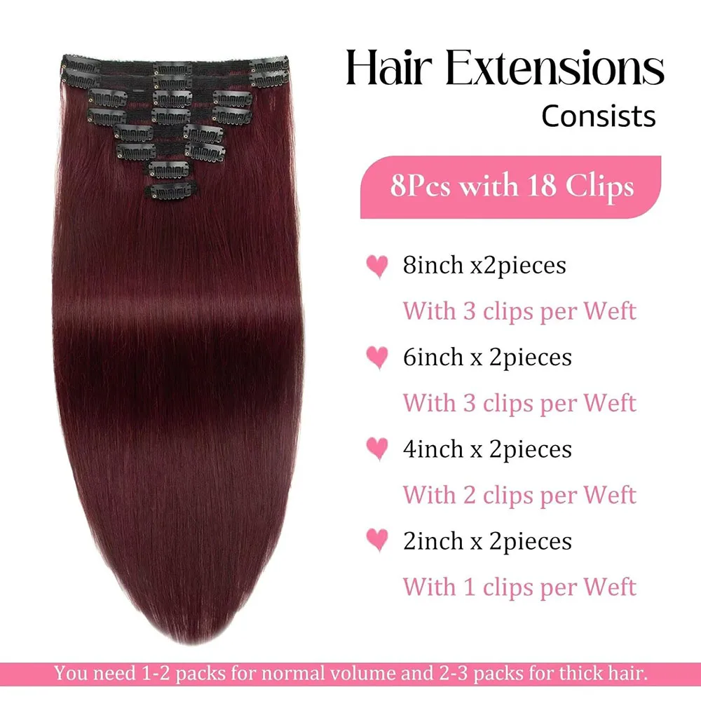99J Burgundy Straight Clip In Human Hair Extensions 100% Brazilian Remy Human Hair Clip In 110g 8Pcs/Set Full Head For Women