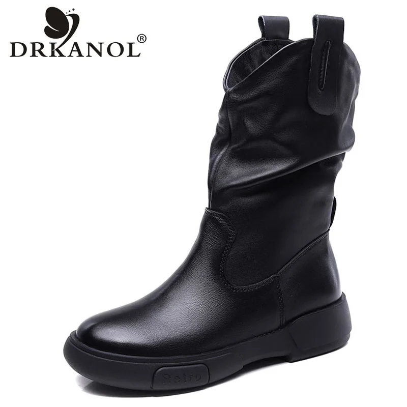 DRKANOL Luxury Genuine Leather Mid-Calf Boots Women Genuine Leather Waterproof Rubber Sole Non-Slip Street Style Slip-On boots