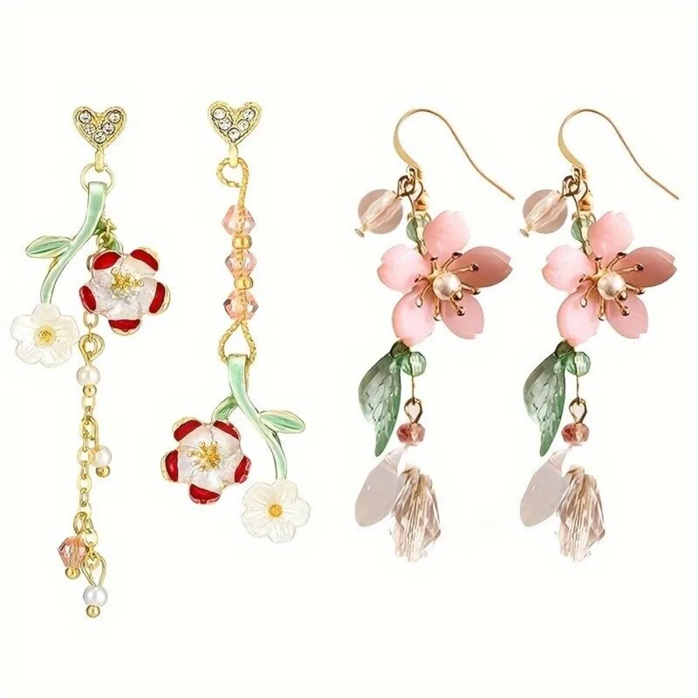 ink Flower Dangle Earrings for Women Cute Pearl Leaf Sakura Leaf Earrings Fairy Statement Summer Refreshing Seaside Idyllic