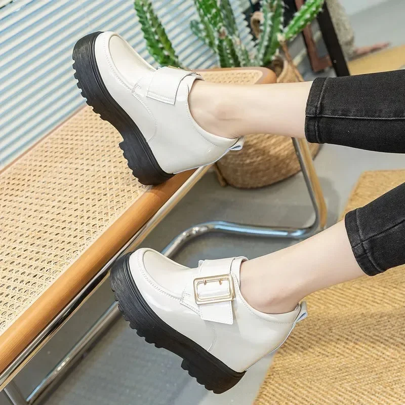 Mocasines de cuero genuino de 11cm a la moda para caminar con aumento de altura, zapatillas informales con plataforma y cuña para mujer, zapatos para estudiantes sin cordones