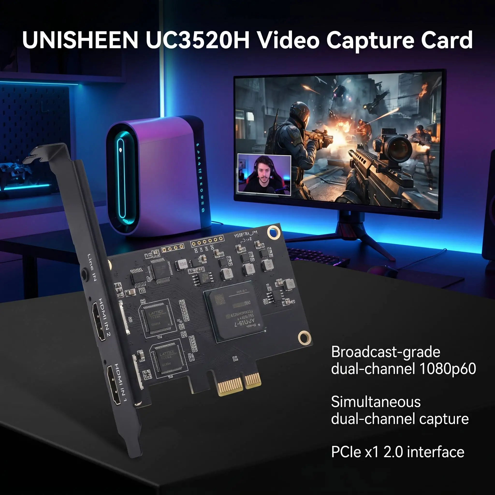 UNISHEEN UC3520H Linux OBS Vmix Wirecast Streaming 2 Channel 1080p 60p Broadcast PCI Express HD HDMI Video Capture Card