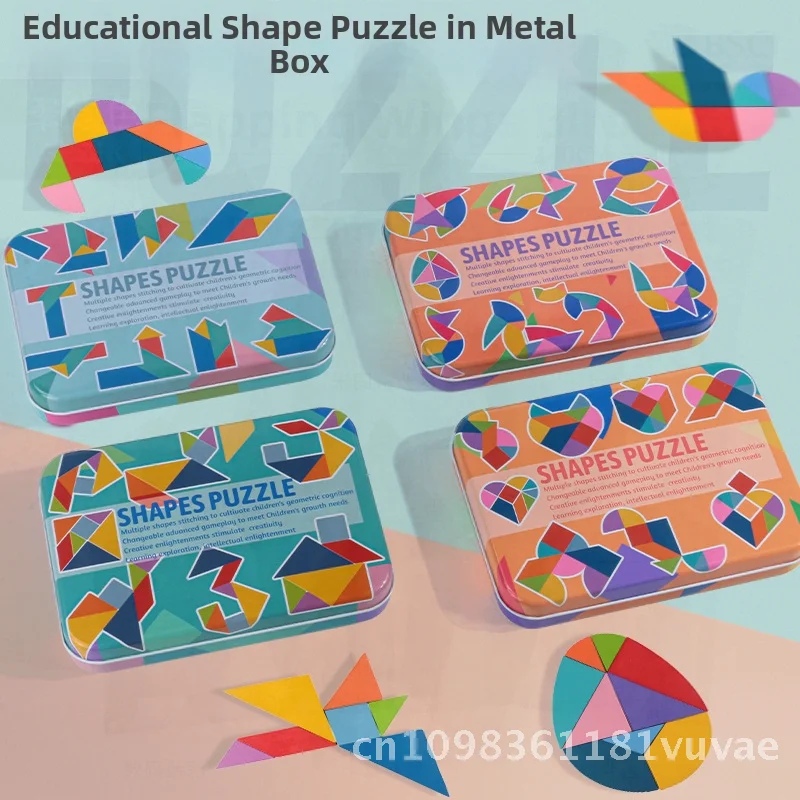 Juego de rompecabezas Tangram colorido de madera para niños con caja de hierro, almacenamiento, juguete educativo de desarrollo de inteligencia para Aprendizaje Temprano