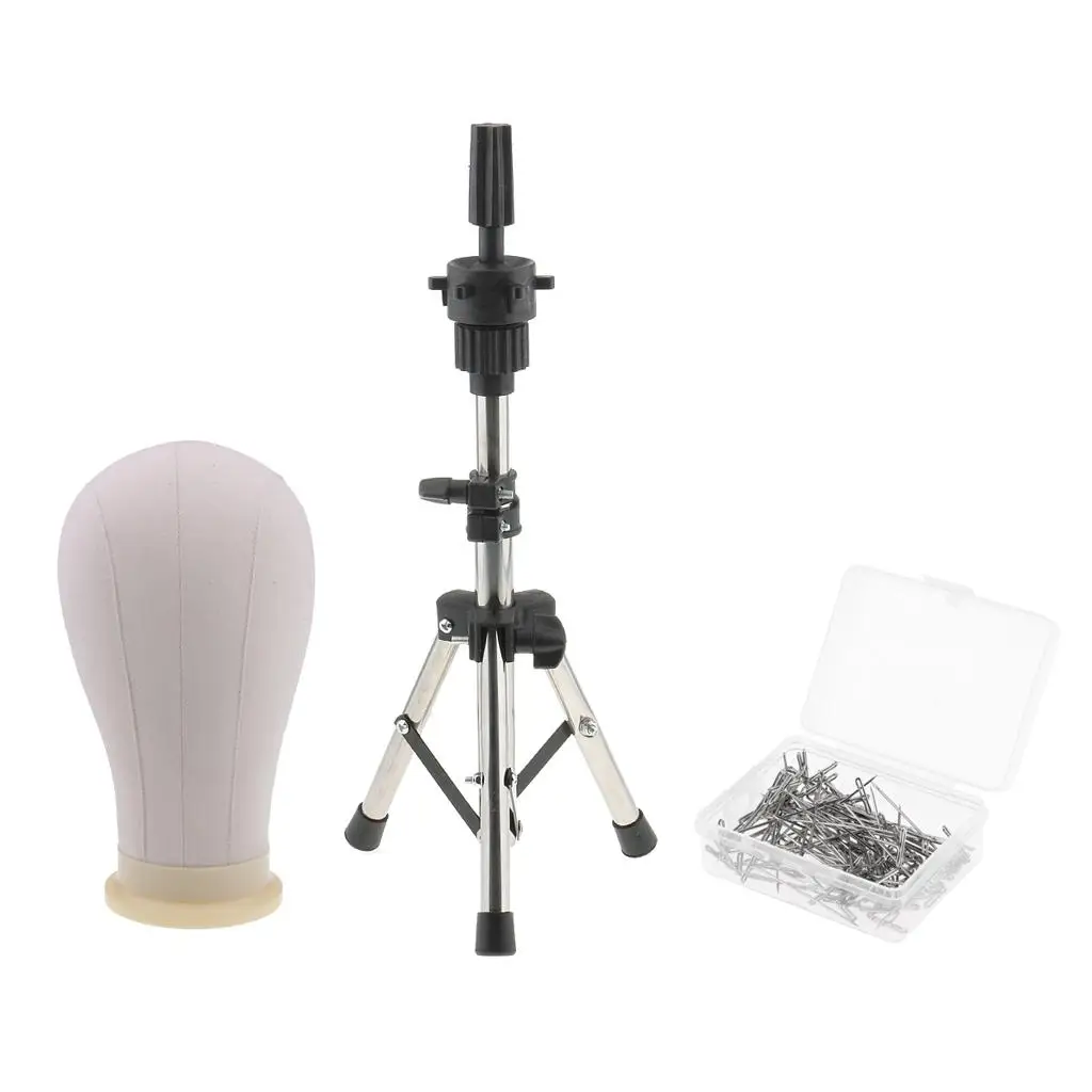 Block Head Head with Metal Adjustable Tripod Stand for Wigs Making with 100pcs 38MM T Pins