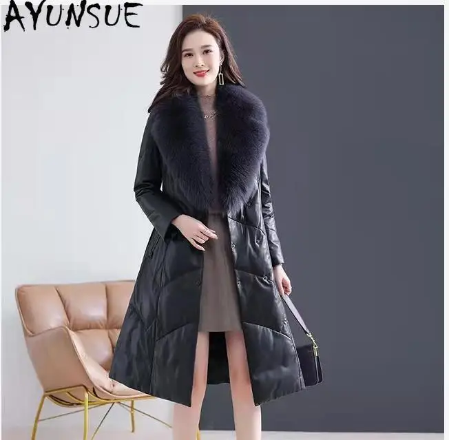 AYUNSUE 겨울 정품 가죽 자켓 여성 따뜻한 여우 모피 칼라 2025 양피 다운 코트 여성 의류 90% 화이트 오리 다운