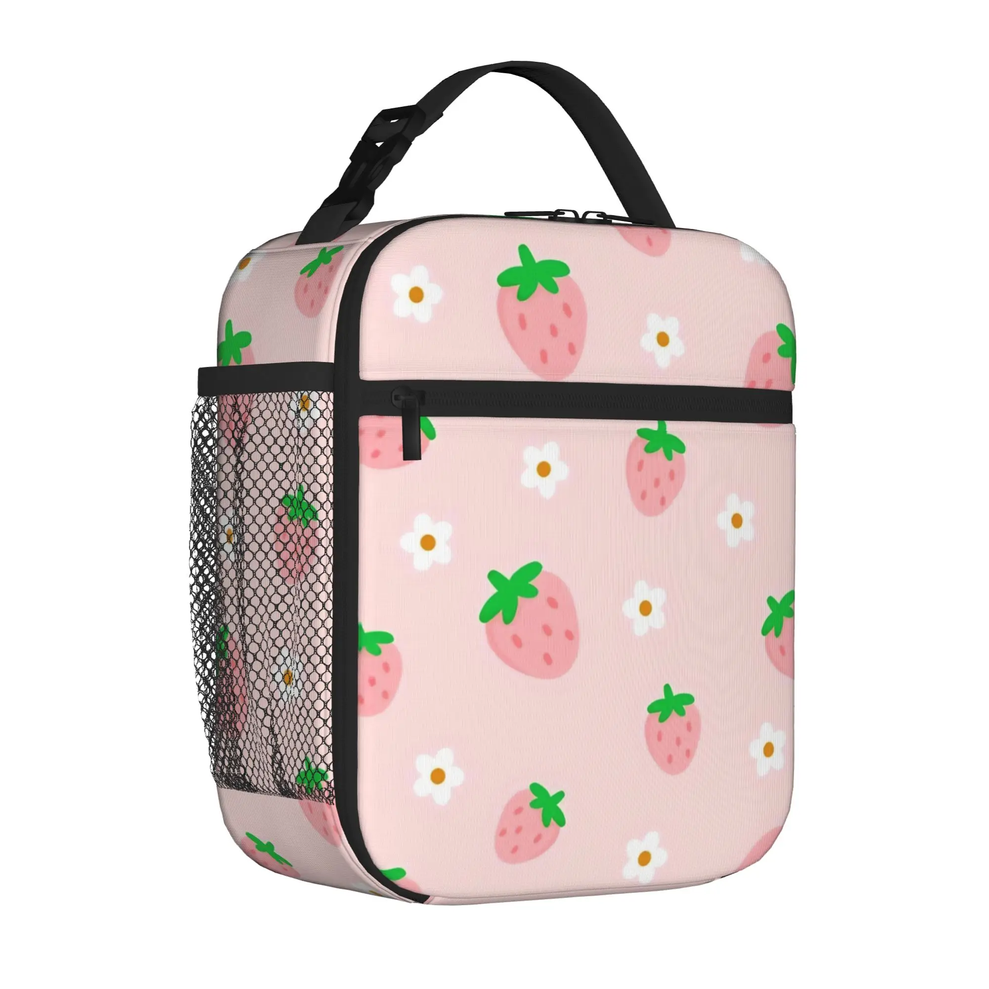 Insulated Lunch Tote Bag Pink Strawberry Cute Floral New Arrival Cartoon Cooler Thermal Lunch Food Box Lightweight For School