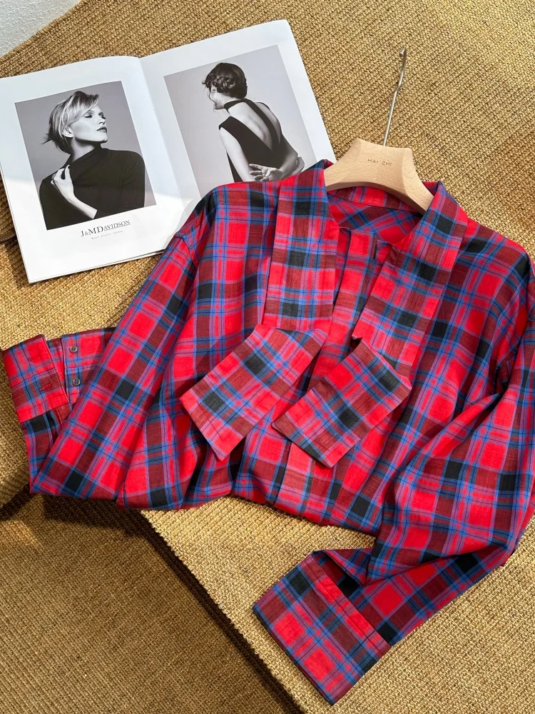 

Женская повседневная свободная блузка Wood Giant 1600 High Yuan с круглым вырезом, красно-синим клетчатым узором, хлопковым воротником и драпированным бантом, элегантный топ