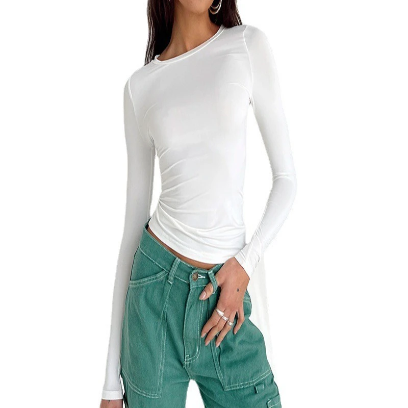 تي شيرت نسائي غير رسمي موديل 2026 بأكمام طويلة ورقبة دائرية تي شيرت علوي لربيع وخريف بلون سادة مع ملابس الشارع #6