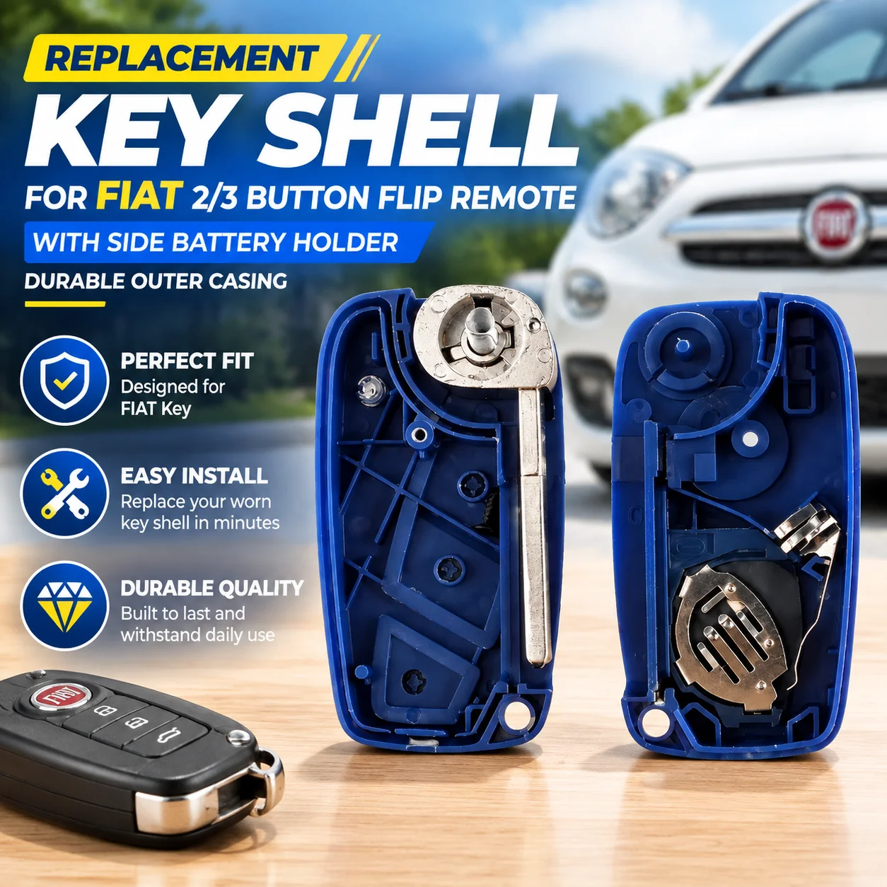 Replacement Key Shell for Fiat 2/3 Button Flip Remote with Side Battery Holder Durable Outer Casing