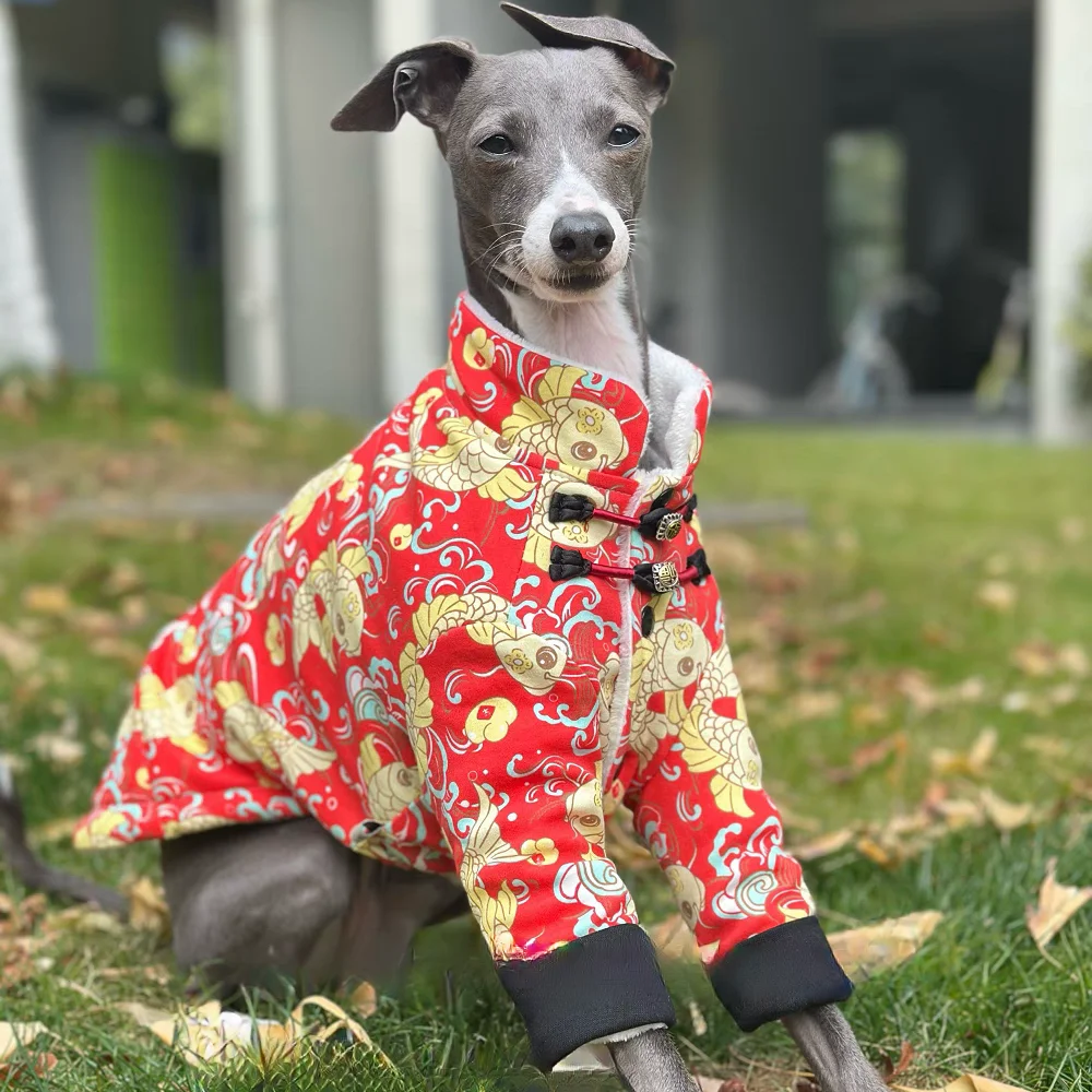 Chinese Knot Buckle Fleece Jacket for Italy Greyhound Winter Warm Long Sleeves Red Coat for Mid Dogs Wellington New Year Costume view 4