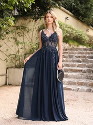 Navy Blue A Line Evening Dresses For Women Party Elegant V Neck Beaded Appliques Lace Formal Prom Maxi Gowns Vestido De Gala