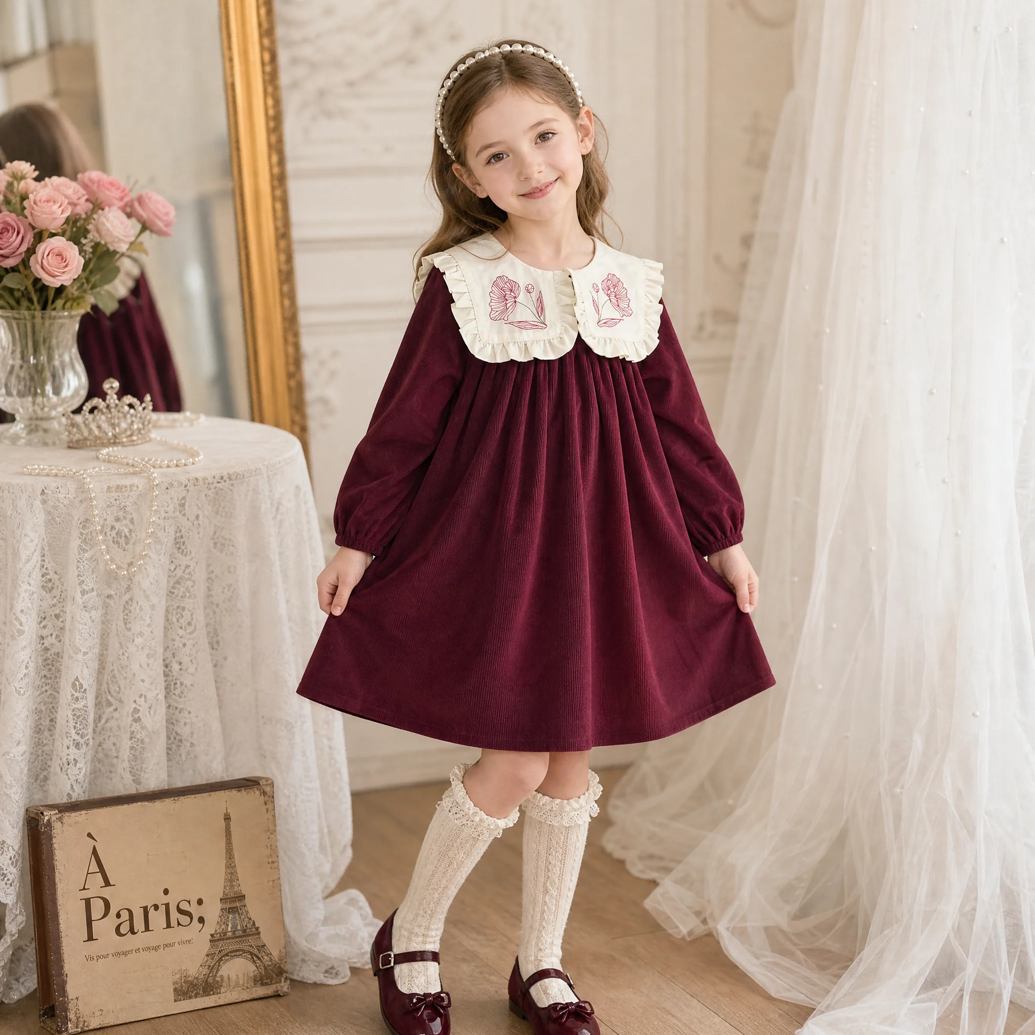Autumn New Sweet and Cute Wine Red Flower Print Lapel Long Sleeved Dress for Girls Aged 3-7 Korean Version