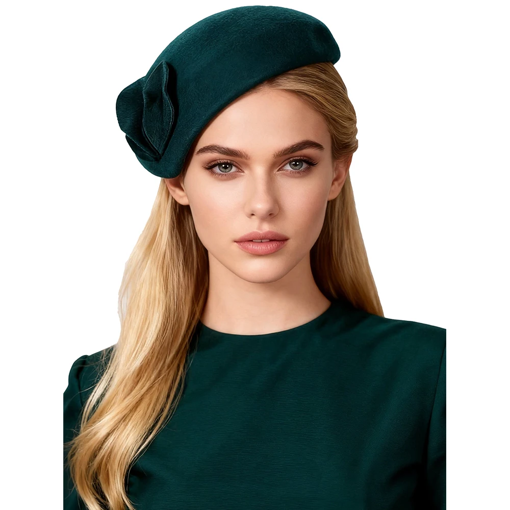 Czerwono-zielony wełniany kapelusz typu pillbox w stylu vintage, elegancki kapelusz kościelny dla kobiet, fascynator na przyjęcie herbaciane, beret, czapka, chapeau femme 2026 — zdjęcie 2