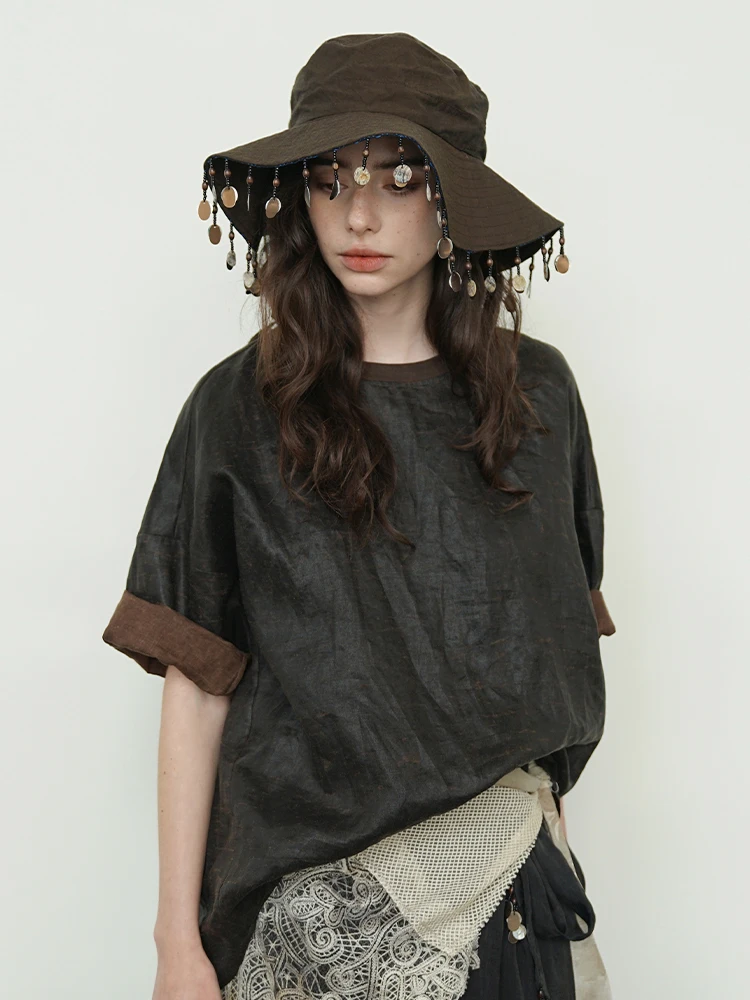 

Loose Fit round Ne Linen T-irt Summer 2025 New Arrival Women's Original Design ort Sve Breathable Lazy Sle irt