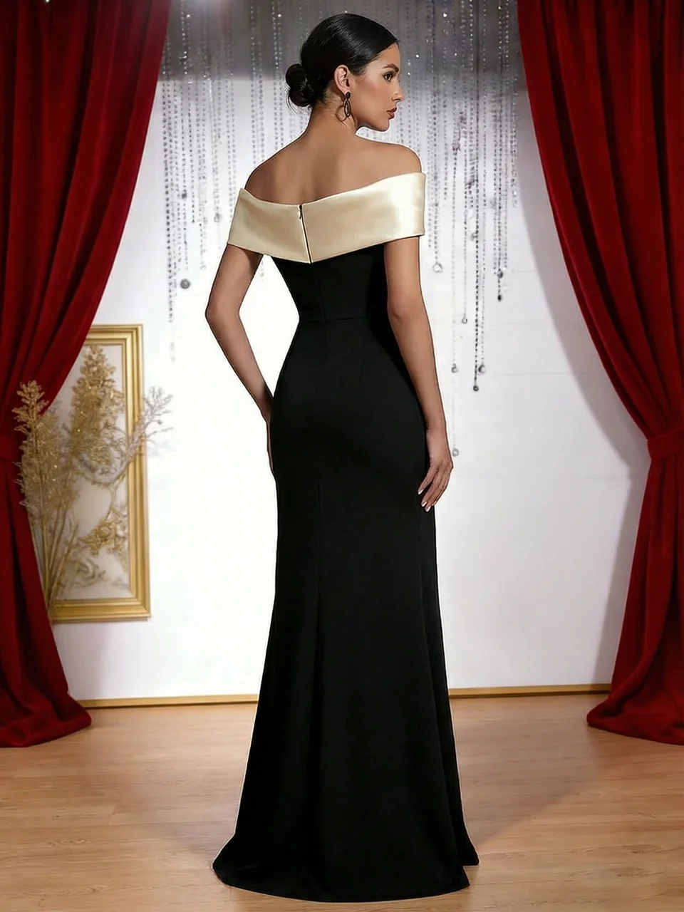 Women's Off Shoulder Maxi Dress Contrast Splicing Mermaid Hem Long Dress Slim Fit Elegant Formal Evening Party Ladies Outfit