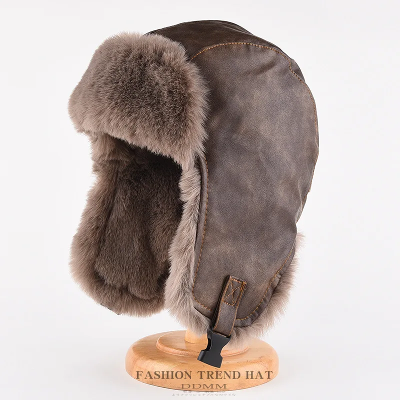 

Faux Leather Winter Hats for Men Thickened Plush Fur-lined Bomber Trapper Hats with Ear Flaps Ushanka Russian Hats
