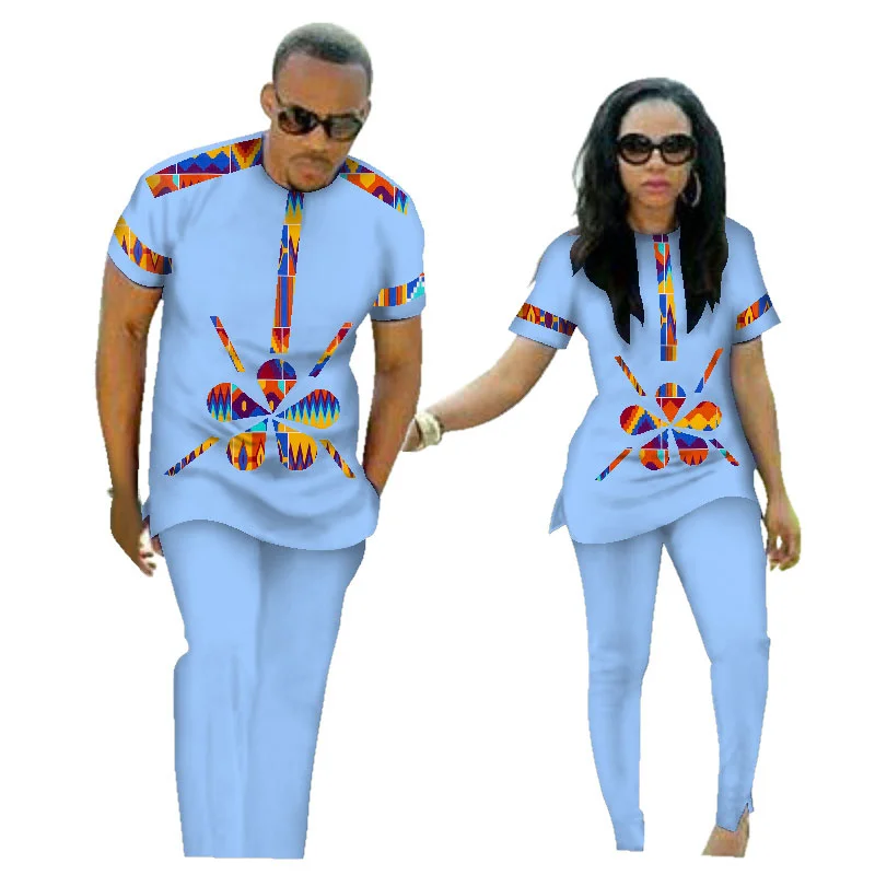 Venda quente casais africanos mulheres impressão cera algodão moda retalhos vestido quente & masculino 2 peças conjuntos de camisa e calças