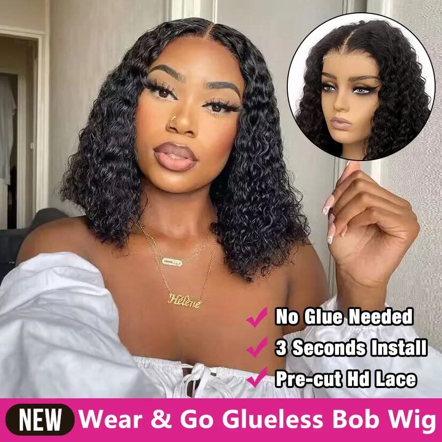 Glueless Water Wave Preplucked Human Wigs Ready To Go Short Bob Hair Wig Human Hair Wet And Wavy 4x4 Curly Human Hair Wigs 150%