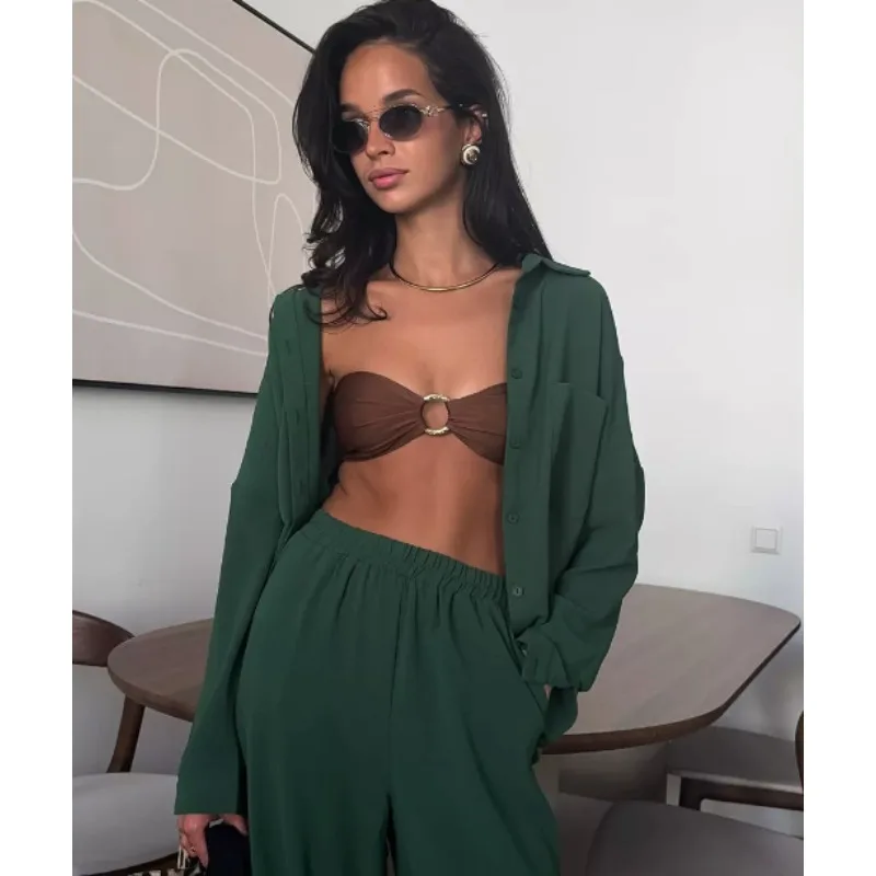 

Женский костюм в европейском и американском стиле, однотонный кардиган с карманами, повседневные широкие брюки для поездок на работу, весна и лето, новый стиль