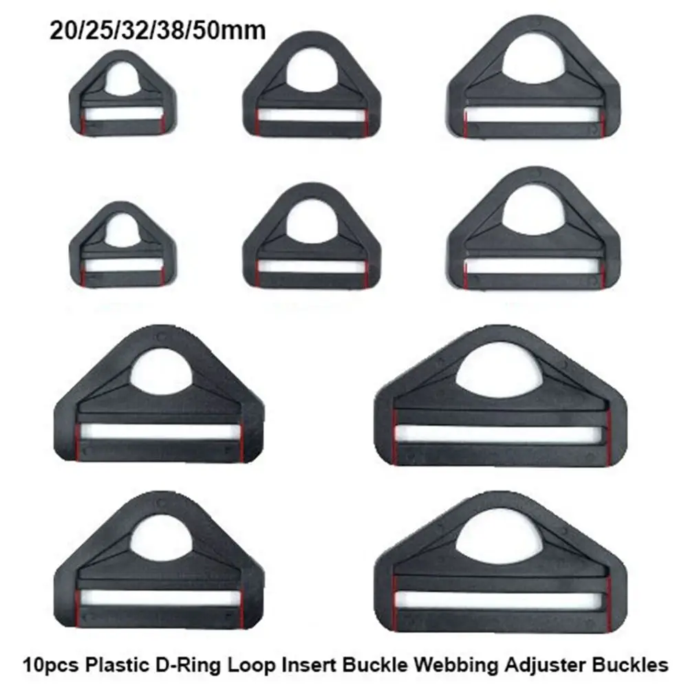 Boucle d'insertion en plastique avec anneau en D, 20/25/32/38/50mm, sangles de sac à dos noires, boucle en sangle, boucles en D, accessoires de bagages, 10 pièces