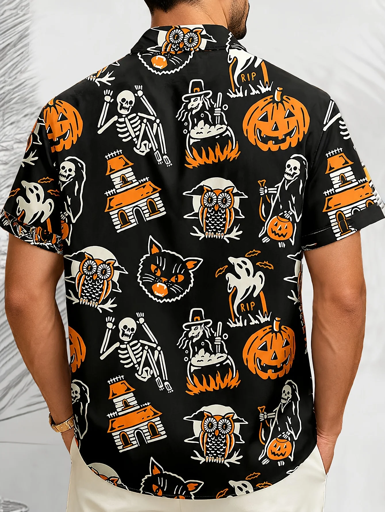 Men's Retro Button-Up Short-Sleeve Shirt Suitable for Halloween Pumpkin Outfits Ghost Skeleton Owl Print Tops Party Men Clothing