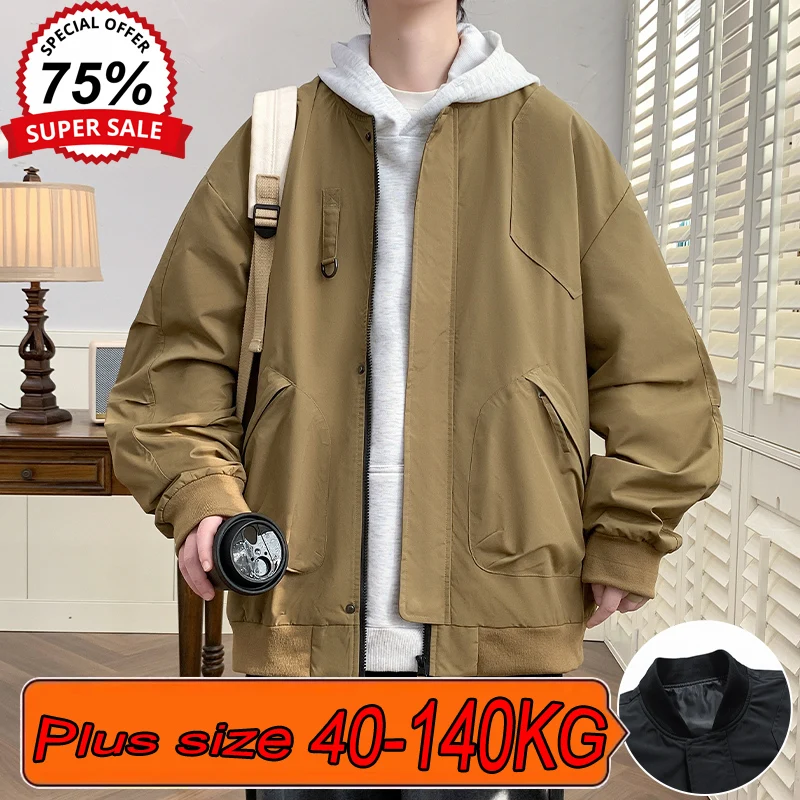 M-8XL Men's Baseball Uniform Plus Size Autumn Long-sleeved Polo Collar Loose Casual Coat Plus Size Solid Color Waterproof Jacket