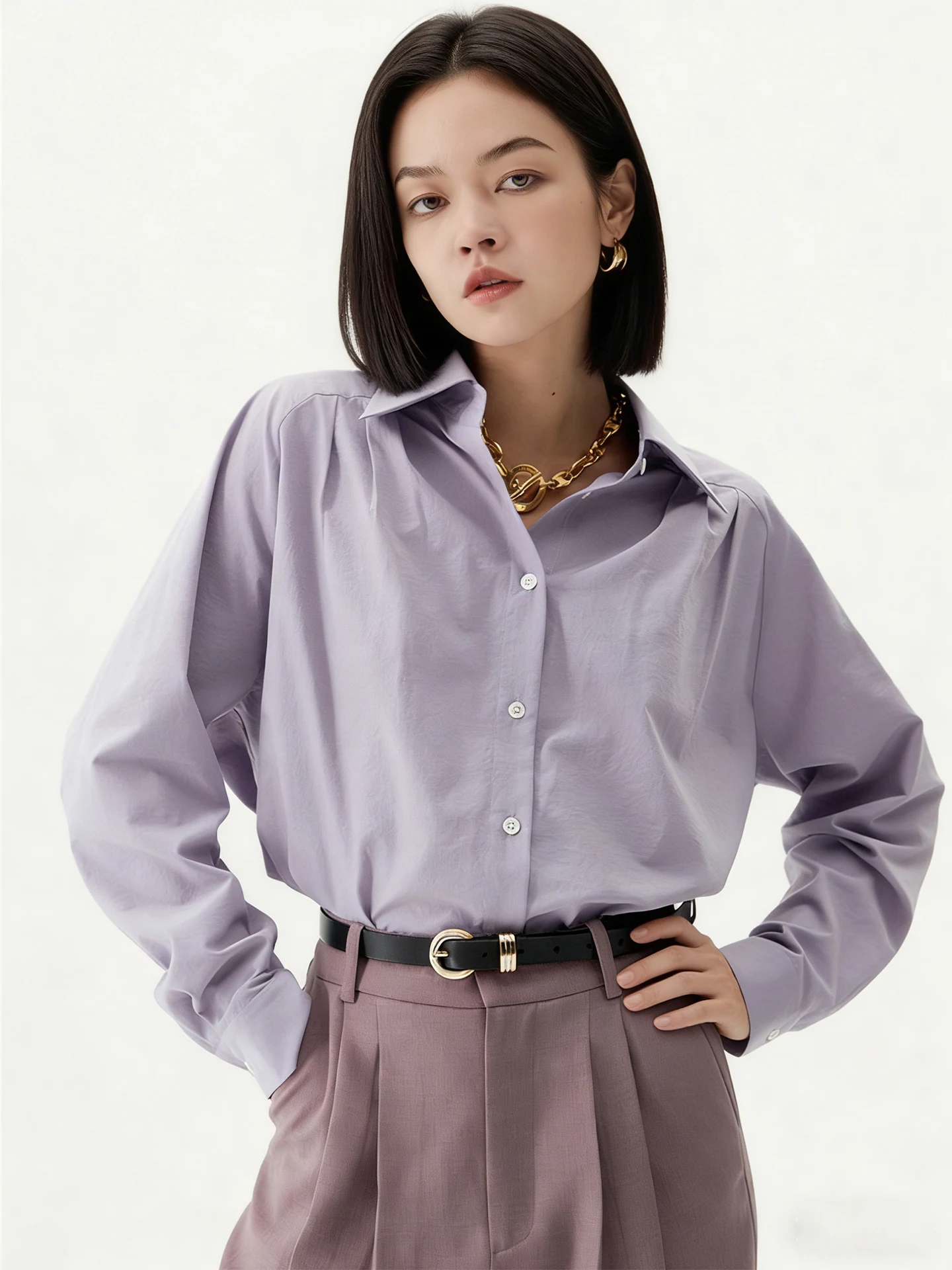 

Elegant Vintage Anti-Wrinkle Long Sleeve Shirt Women's Commute Top Stylish Purple Shirt Shoulder Puff Design Skin-Friendly Br...