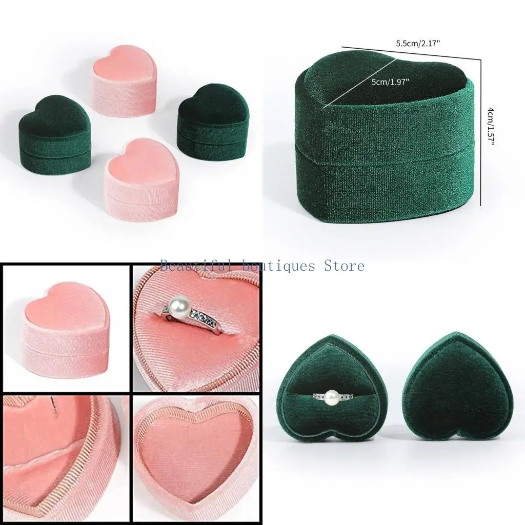 

U4LF Valentines Day Gift Pink Green Heart Shape Ring Box Proposal Wedding Ceremony Flannelette Cases for Ring Earring Jewelry