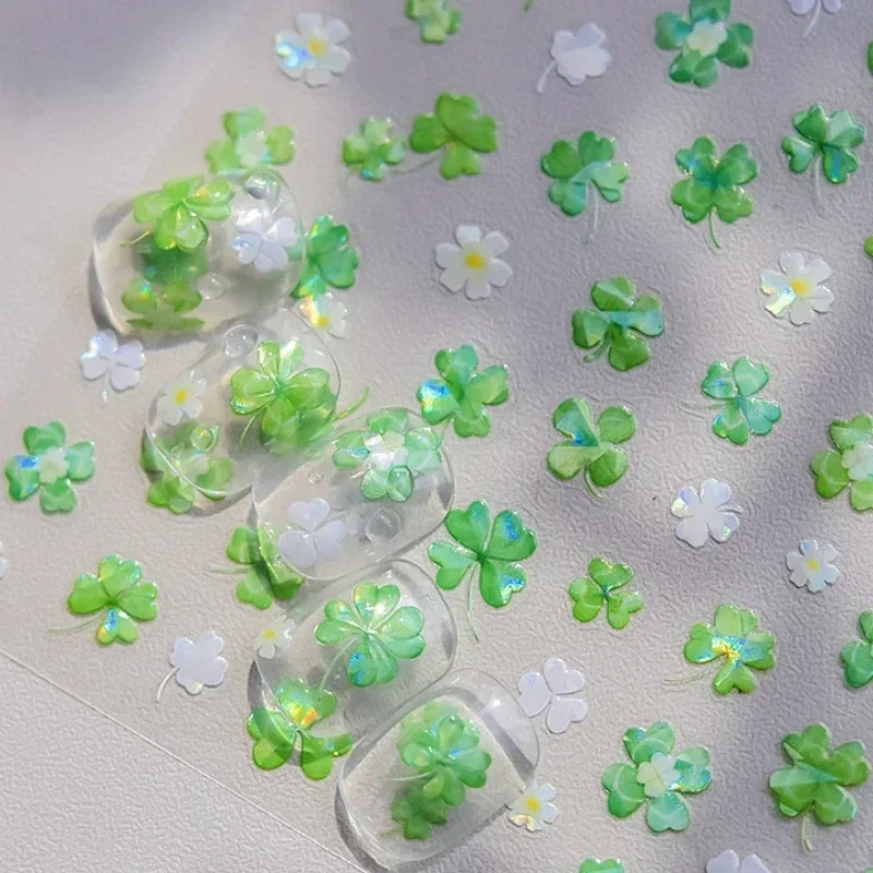 Fresh Green White Four Leaf Clover Maple Leaves Jelly Flower Daisy Shiny Rhinestone Nail Art Stickers Decoration Manicure Decals