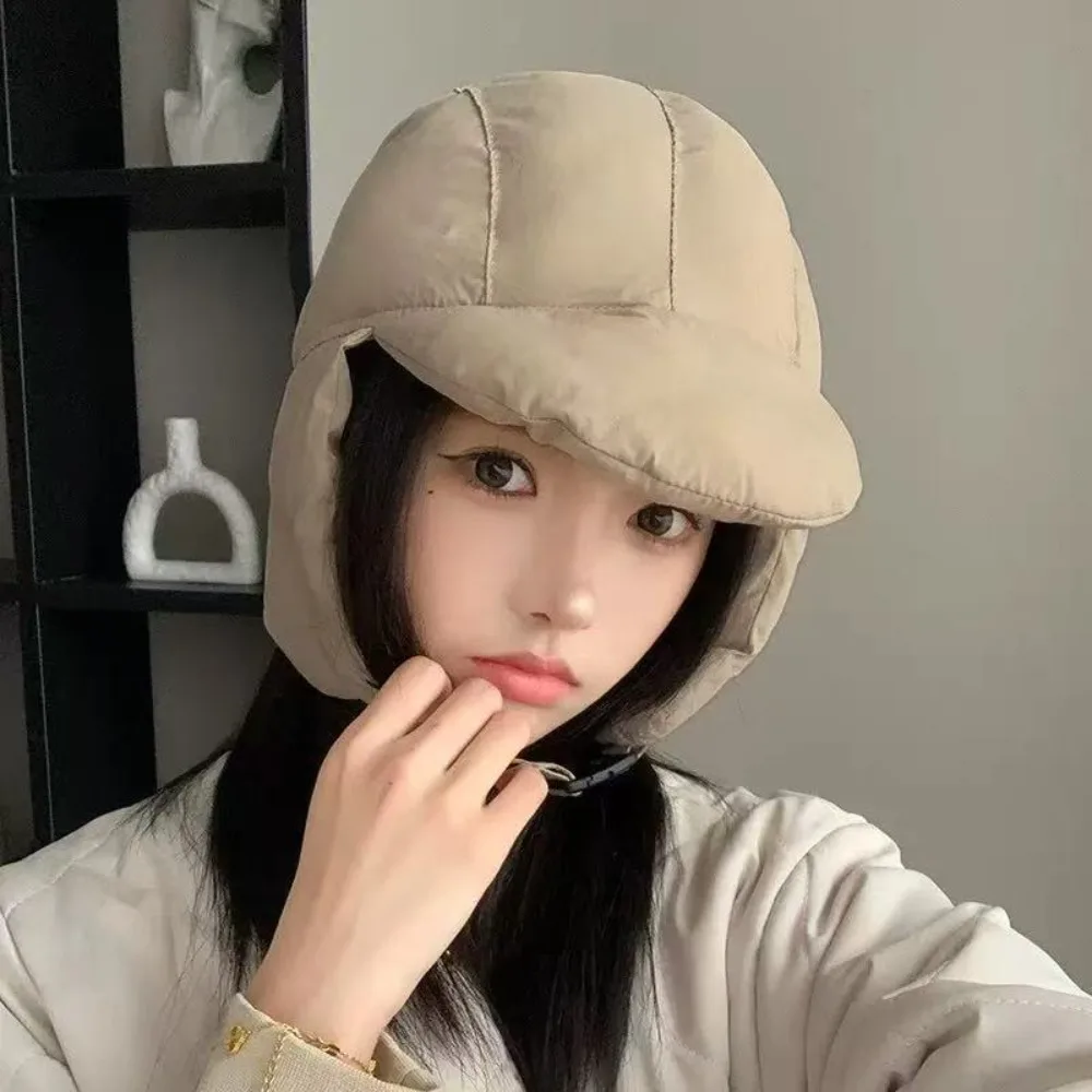 

Windproof Solid Color Ear Protection Hat Cold Protection Balaclava Beanies Cap Down Cotton Filling Pullover Cap Outdoor Warm