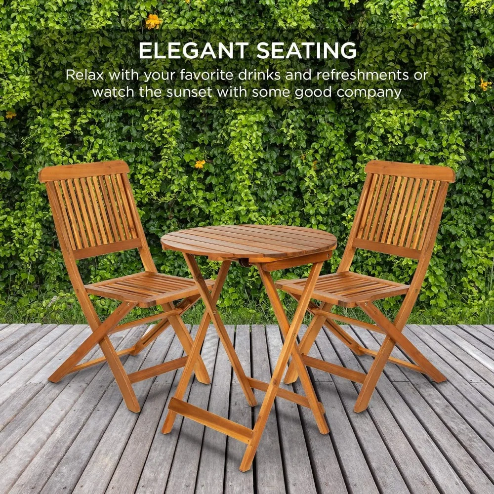 

3-Piece Acacia Wood Bistro Set, Folding Patio Furniture for Backyard, Balcony, Deck w/ 2 Chairs, Round Coffee Table, Teak Finish