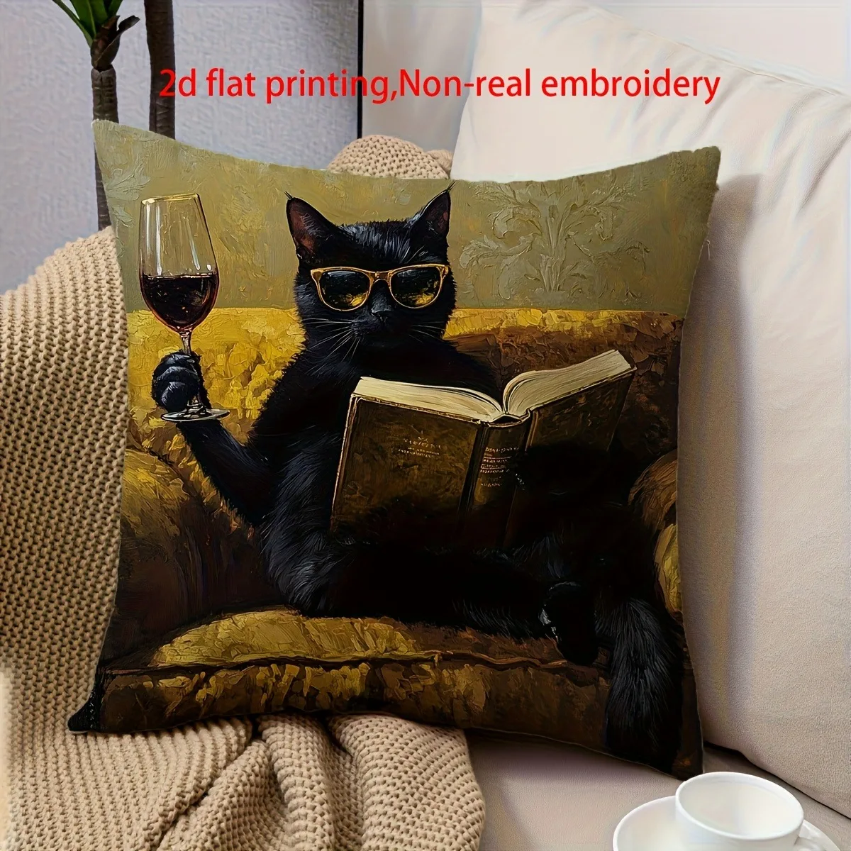 Cool Black Cat Reading Book with Wine Glass 2D Printed Pillow Cover Sofa cushion cover, home decoration, 2D printing