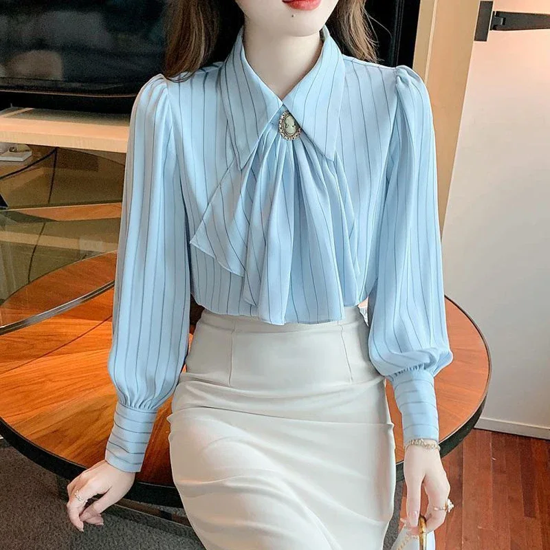 Spring Autumn Women's Korean Fashion Vintage Striped Print Shirt Office Lady Business Casual Elegant Blouse Bow Long Sleeve Tops