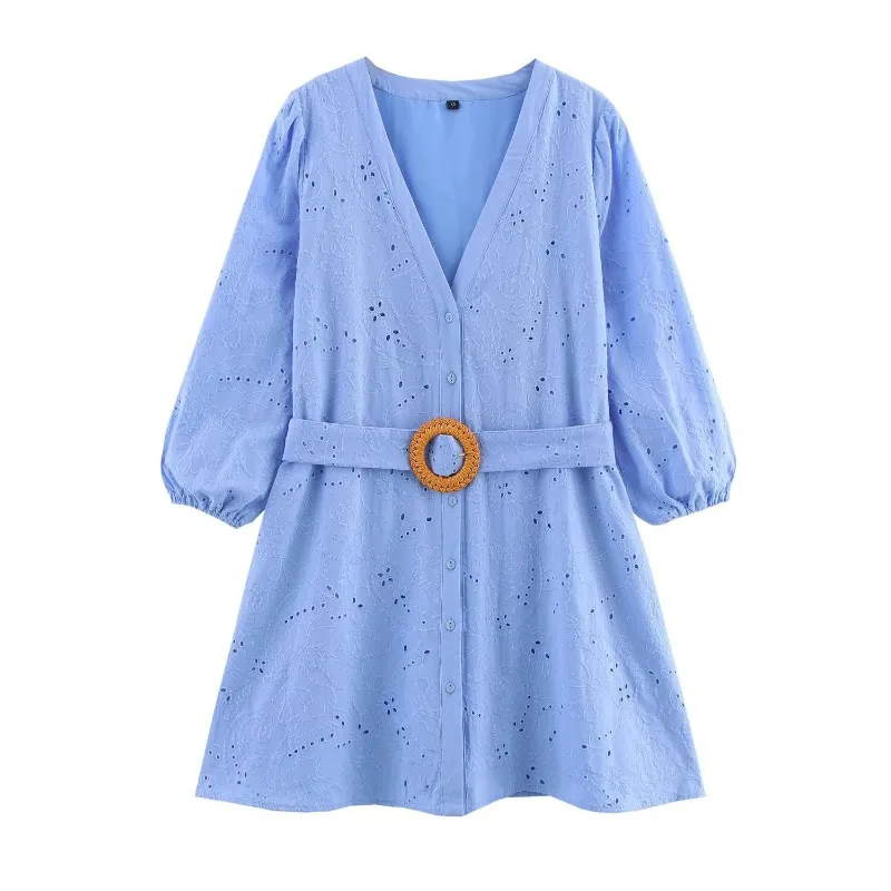 

2025 Summer Women Light Blue Eyelet Embroidery Dress V Neck Button Puff Sleeve Waist Belt Round Buckle Mini Dress