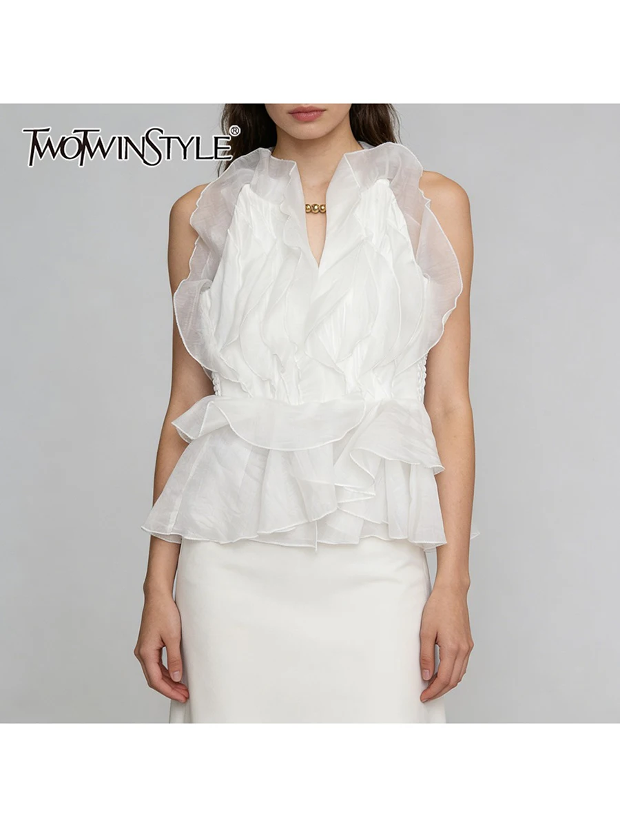 TWOTWINSTYLE Fashion Spliced Fungus Folds Elegant Vests for Women V Neck Sleeveless Tunic Patchwork Bead Temperament Vest Female