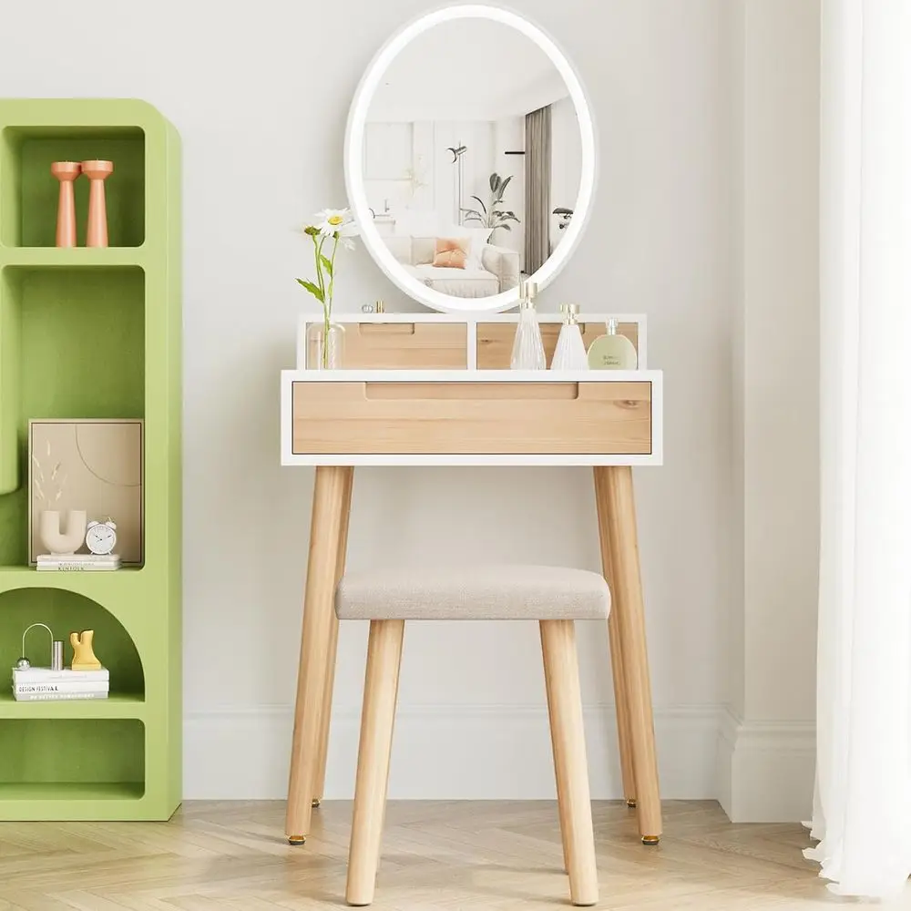 YOURLITE Small Makeup Vanity Desk with Mirror and Lights | Compact Vanity, 3 Lighting es, Adjustable Brightn, 3 Ders, Cushioned
