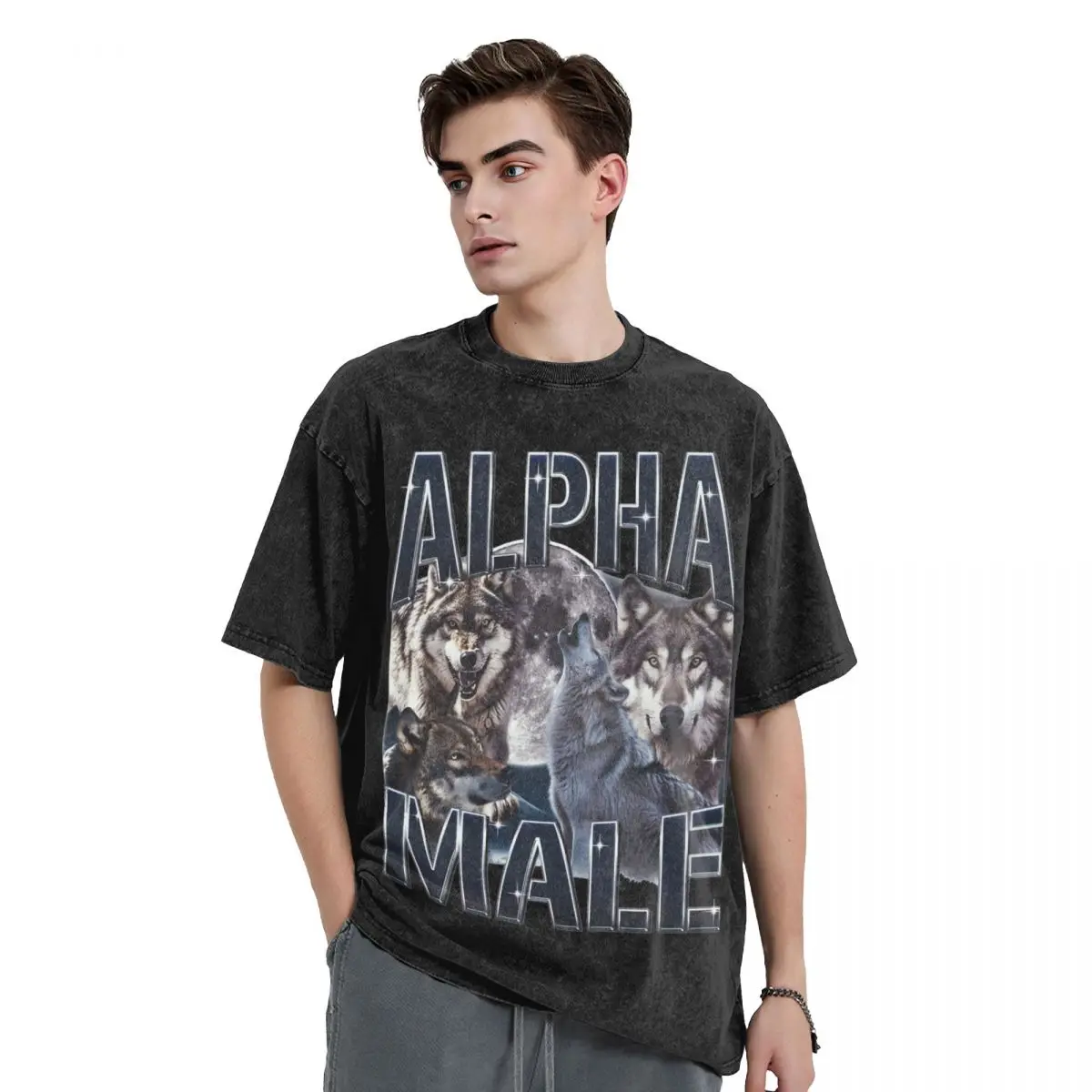 Washed T Shirts Alpha Male Wolf Animal Vintage T-Shirts Oversize Funny Meme Streetwear 100% Cotton Summer Top Tees for Men Women