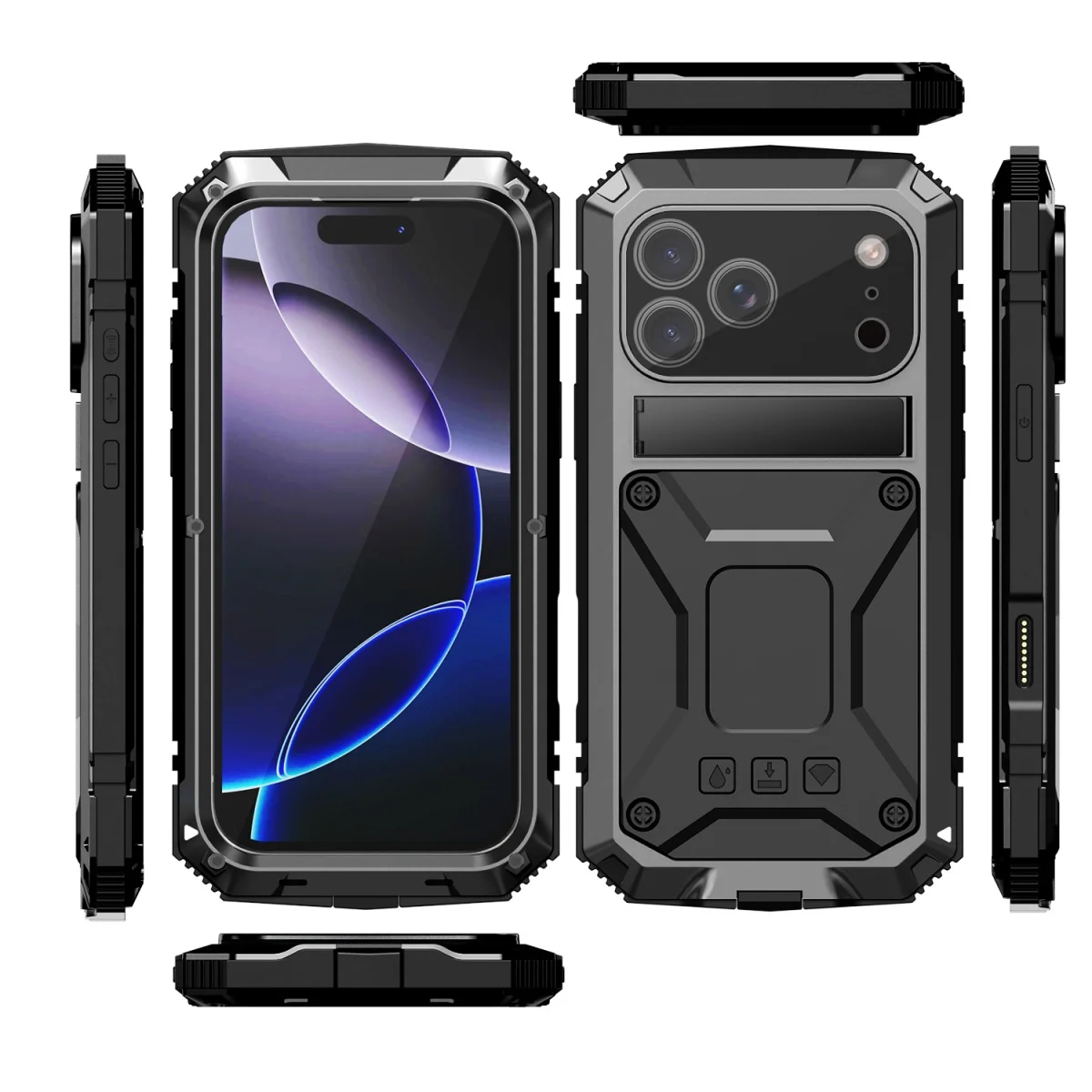 

Heavy Duty Armor Metal Phone Case For iPhone 17 Pro Max 17 Air Tempered Glass Anti-Fall Bumper Shockproof Protector Stand Cover