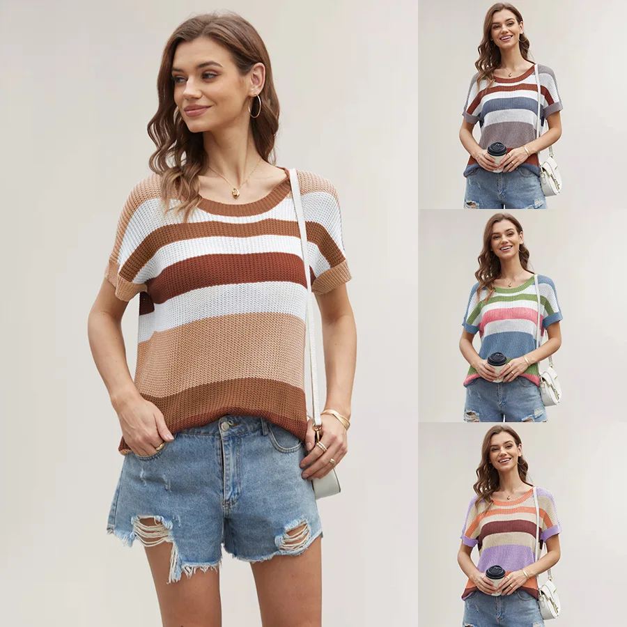 Temu Loose Patchwork Striped T-shirt Casual Pullover Women's Short Sleeved Knitted Sweater