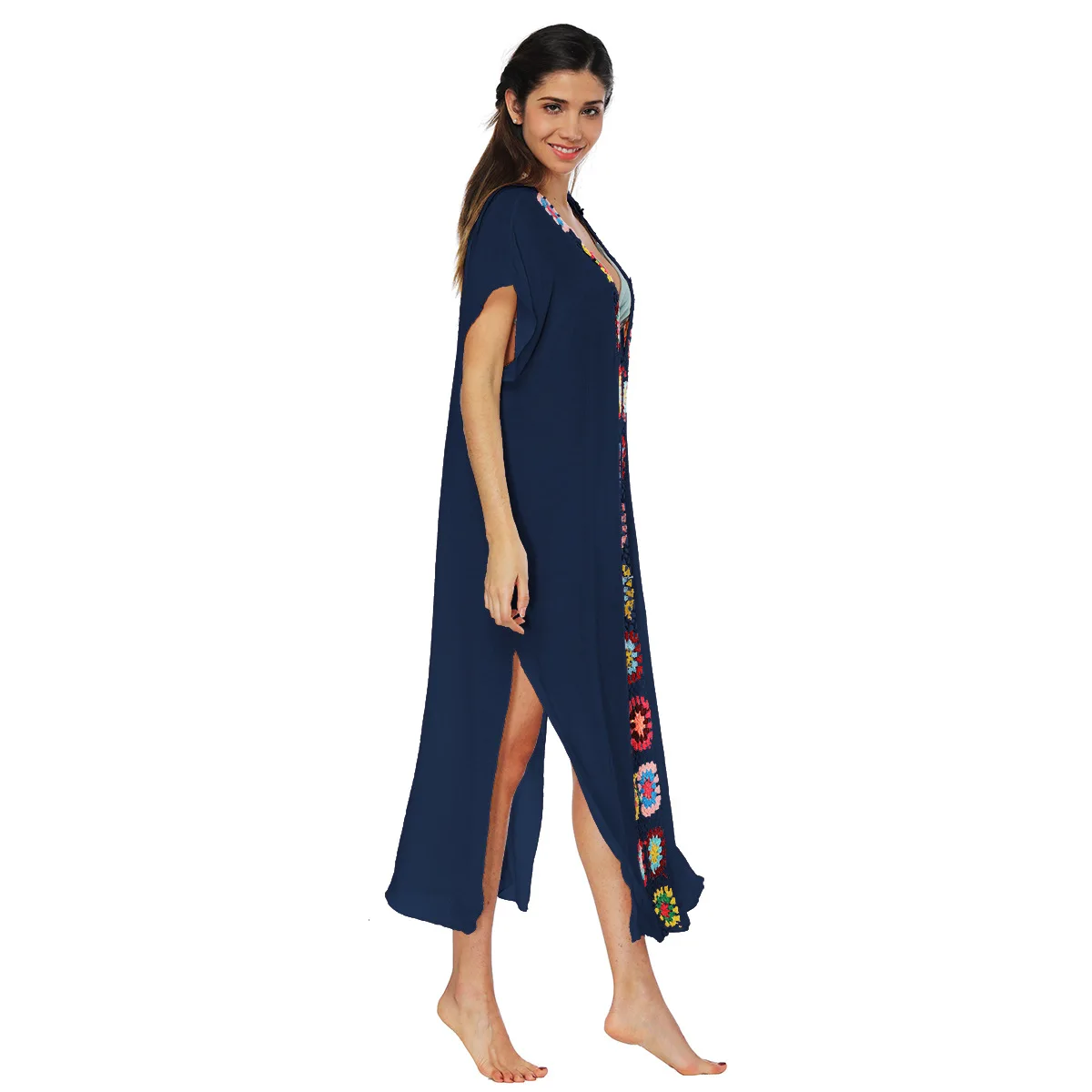 Veelkleurige lange strandjurk badpak cover-ups voor dames kleur hand gehaakte bloemen patchwork casual losse korte mouw v-hals