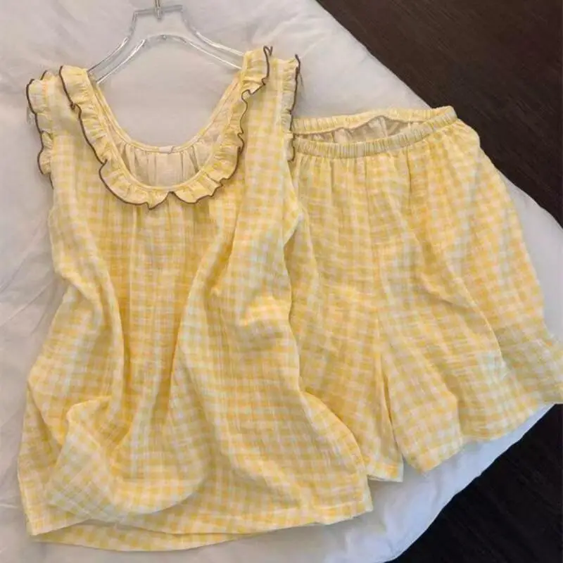 

Милый кружевной комплект для подростков: майка и шорты, летний комфортный домашний костюм для студенток, модный свободный повседневный комплект для девочек, влагоотводящий.