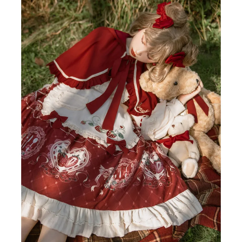 Lolita Women Red One Piece Dresses Girls Princess Kawaii Dress Cotton Autumn Miads Japanese Harajuku Cute Cosplay Costume Dress