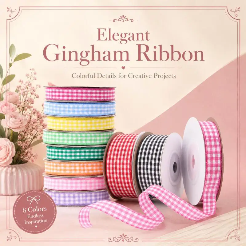 10/25MM 10 Yards Gingham-Bänder Kariertes Gewebe für DIY-Bastelarbeiten, Geschenkverpackungen, Hochzeits- und Partydekorationen, Schleifen und Haaraccessoires – Detail 1