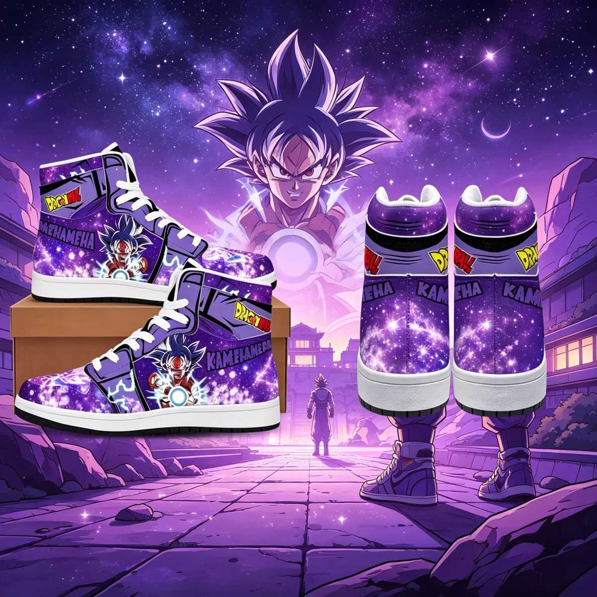 

Dragon Ball Goku Black High-Top Sneakers, Ultra Instinct Anime Shoes, Mystical Purple Galaxy Footwear