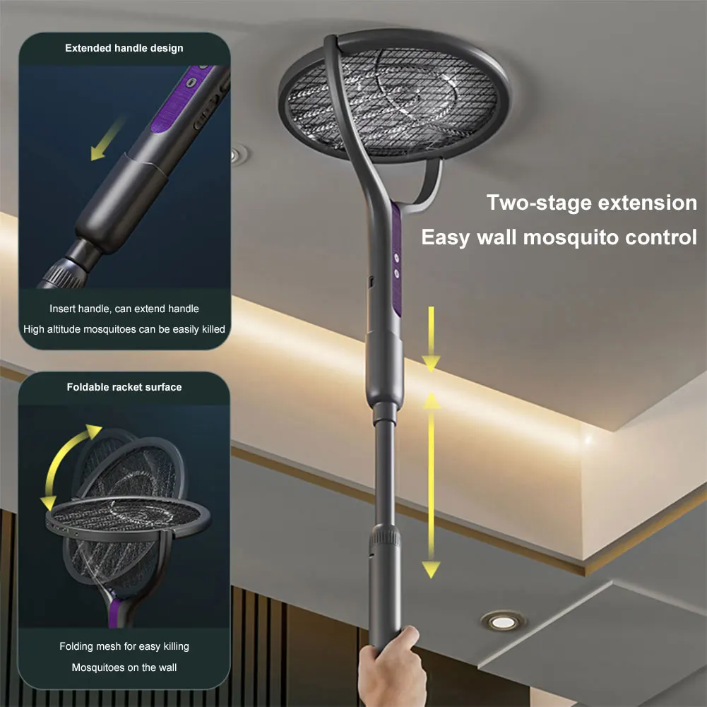 NEW USB Electric Fly Swatter Extendable Mosquito Swatter with Rotating Head 2 in 1 Mosquito Trap Light for Camping Home Garden image 3
