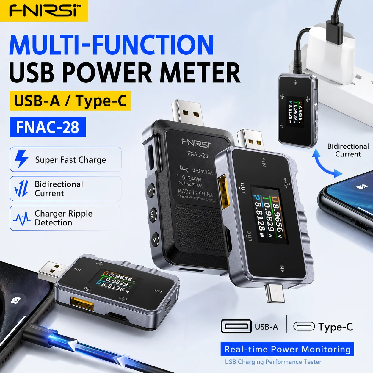 

FNIRSI FNAC-28 2in1 Type-C USB Tester Digital Voltmeter Ammeter Voltage Current Meter Power Bank Charger Tester for Phone Laptop