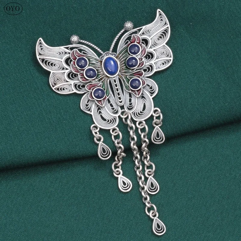 

100%S925 Sterling silver droplet Craft Butterfly Pendant retro long tassel