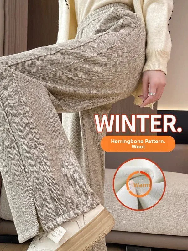 Thickened Fleece Wide Leg Pants High Waist Straight Cut Casual Trousers for Women Autumn Winter Checkered Split Banana Pants