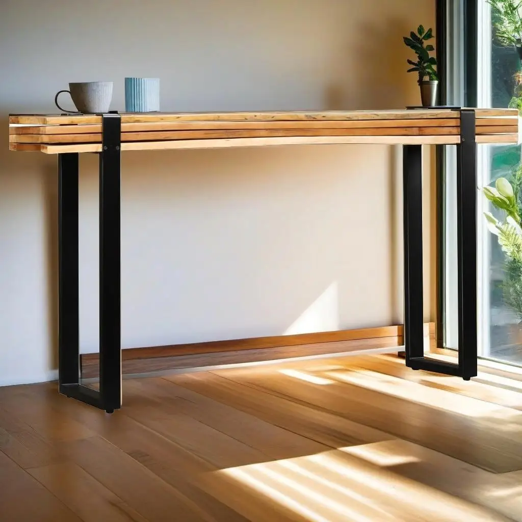 Mesa de console de madeira recuperada maciça ajustável - Decoração rústica para casa e design versátil