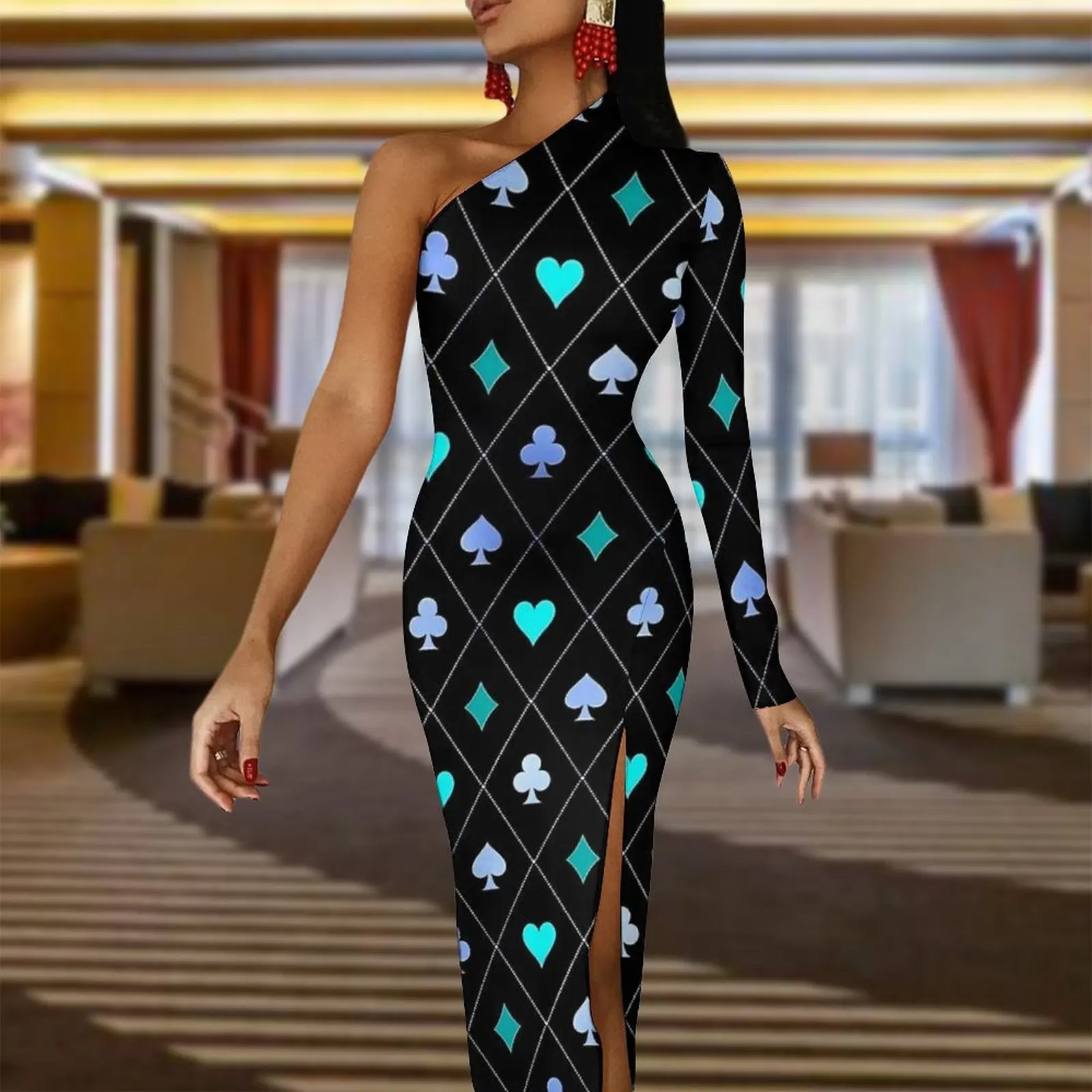 Playing Cards Maxi Dress Long Sleeve Diamonds Clubs Hearts Spades Trendy Bodycon Dress Autumn Party Long Dresses Women Vestidos