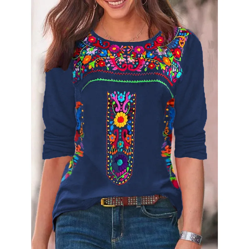Women's Bohemian Print V-Neck Long Sleeve T-Shirt 2026 Spring Summer New Top from Europe And the United States